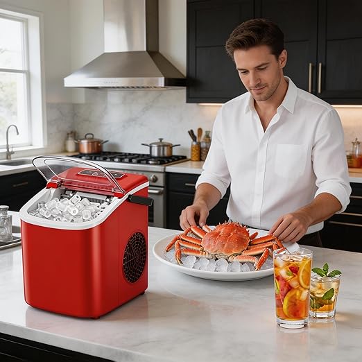 Small Portable Countertop Ice Maker, 26lbs/24H Ice Machine with Self-Cleaning, 6-8 Mins Fast Ice Making,Quiet Operation, Compact Ice Maker with Handle for Home Kitchen Camping RV (red, 26lbs)