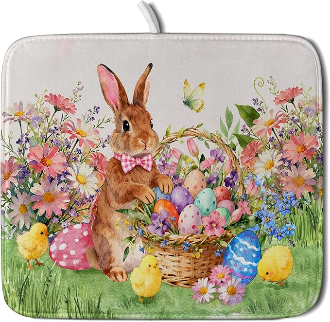 Spring Easter Dish Drying Mat for Kitchen Counter Colorful Egg Holiday Decoration Cloth Dish Mats Small