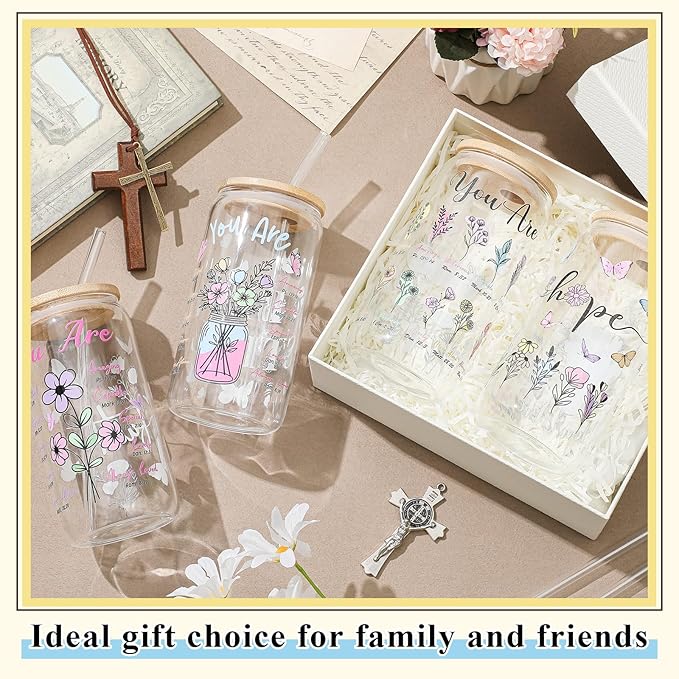 Mumufy 4 Pack Christian Inspiration Flower Glass Cup with Bamboo Lid and Straw Tumbler Iced Coffee Mugs 16 oz Glass, Mothers Day Birthday Women Religious Gift for Mom Sister Bridesmaid Baby Shower