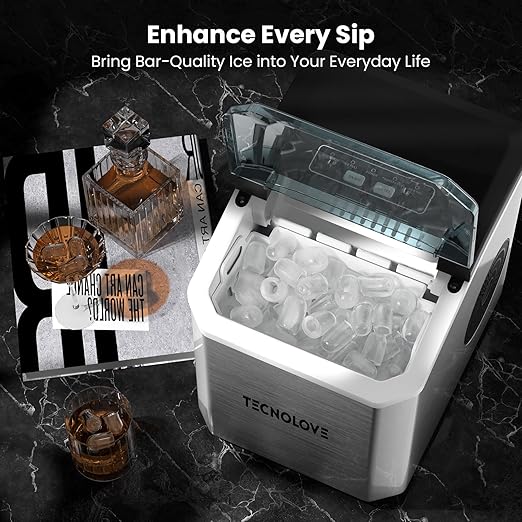 Countertop Ice Maker, 9 Ice Cubes in 10 Minutes, Self-Cleaning Portable Ice Machine with Scoop and Basket, 28lbs/24H, Ultra Quiet Stainless Steel for Home Kitchen Bar Party