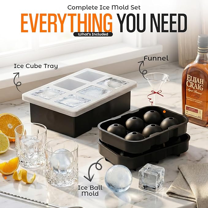 Ice Molds for Freezer with Lid – Silicone Ice Ball Mold for Whiskey & Cocktails, Slow Melting Round Ice Balls, BPA Free Flexible Ice Tray, Easy Release (black)