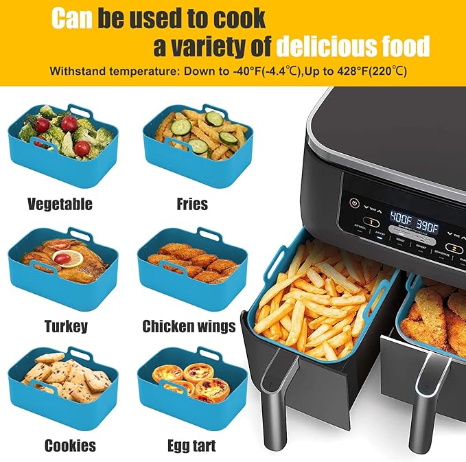 Air Fryer Liners Silicone for Ninja Foodi Dual DZ201/DoubleStack SL201 8QT, 2Pcs Reusable Airfryer Dual Basket for Chefman 6QT/Instant Vortex Plus XL 8QT | Non-stick | Easy Cleaning | Food Safe | Blue