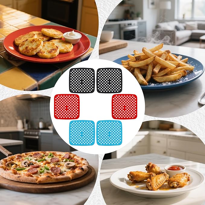 6 Pack Square Silicone Air Fryer Liners – 8.5 Inch / 21.6 cm Reusable Nonstick Mats – Heat-Resistant, Dishwasher Safe Air Fryer Accessories – Black, Red, Sky Blue