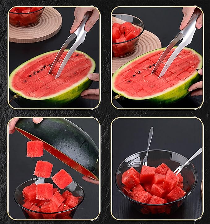 Watermelon Cutter Slicer with 2 Pieces Forks, Stainless Steel Watermelon Cube Cutter Watermelon Knife, Melon Slicer, Cube Cutters Fruit Vegetable Knives Salad Melon Baller for Kitchen Gadget