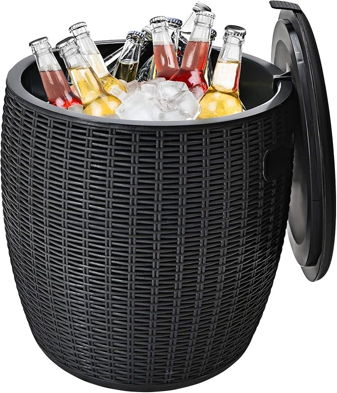 Giantex 9.5 Gallon Ice Cooler, Wicker Round Ice Chest, Outdoor Beer Wine Ice Bucket, Top Lid Side Handles Drainage Plug, Weather-resistant Patio Cool Bar Table for Cocktail Party Poolside Deck