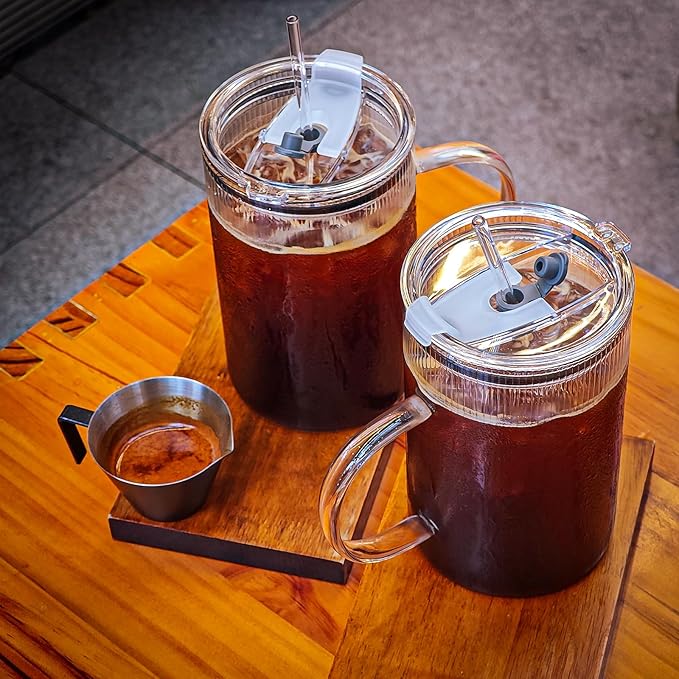 20oz Glass Tumblers with Lids and Straws - Stylish Vintage Ribbed Design for Iced Coffee, Juice, Smoothies, Milkshakes, Cold Beverages & Whiskey Cocktail Beer (Thin Inner Ridge)