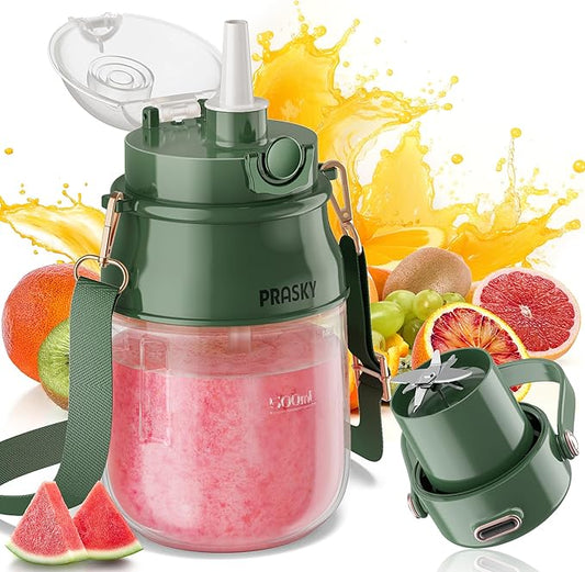 Portable Blender, Prasky Personal Blenders for Shakes and Smoothies with 27oz Cup, Lid and Shoulder Strap, Type-C USB Rechargeable, Personal Size Blenders BPA-free for Travel/Kitchen(Green)