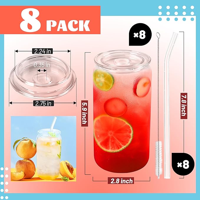 Joyclub 8pcs Glass Cups with Acrylic Lids and Straws 16 oz Can Shaped Glass Iced Coffee Cups with Lids and Straws, Cute Tumbler Cup Drinking Glasses for Smoothie Whiskey Boba Soda Tea Gift