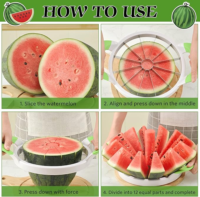 Extra Large Watermelon Slicer Cutter Comfort Silicone Handle Stainless Steel Round Divider for Cantaloup Melon,Pineapple,Honeydew,Cutting Slicing Kitchen Tools