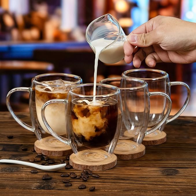 FrutPunch Double Walled Glass Coffee Mugs, Glass Coffee Mugs Set Of 4, Glass Coffee Cups with Handles, 12OZ, Suitable for Cappuccino, Latte, Espresso, Hot Drinks, Cold Drinks (4)