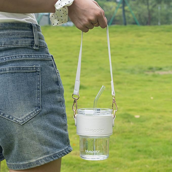 BLUEPOLAR 13oz/400ml Glass Water Tumbler with Straw and Lid Sealed Carry on Thick Wall Iced Coffee Cup for Water, Iced Tea, Fruit Juice (White with Sleeve and Strap)