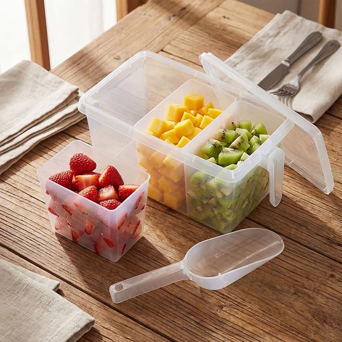 Havawish 3 Divided Ice Bin for Freezer Bucket Ice Container for Freezer with Lid and Scoop Set Ices Storage Container Plastic Clear Pull out Handle Organizer Cubes Cabinet, 10.83 x 5.91 x 6.1 Inches