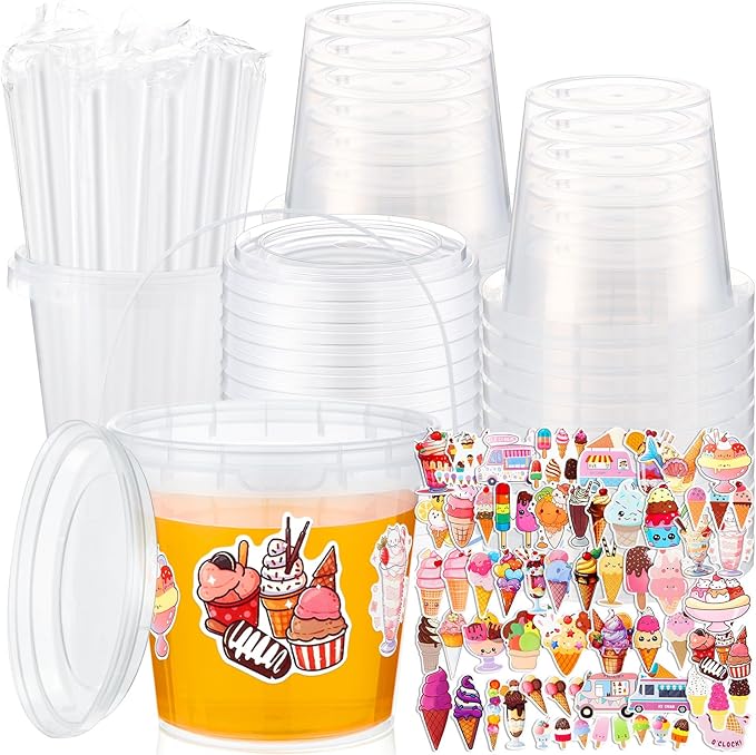 Funnymoom 30 Set Drink Buckets with Lids & Straws 24 oz Clear Plastic Disposable Ice Cream Cups Rum Cocktail Pails Bulk with Handles & Stickers for Summer Holiday Outdoor Beach Pool Party Supplies