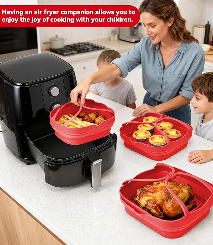 Silicone Air Fryer Liners with Handles: 8.3 Inch Square Reusable Airfryer Basket Liner for 3.5-5 Qt - Baking Tray Insert Cooking Air Fryer Accessories for Cosori Philips Ninja Instant Vortex Red