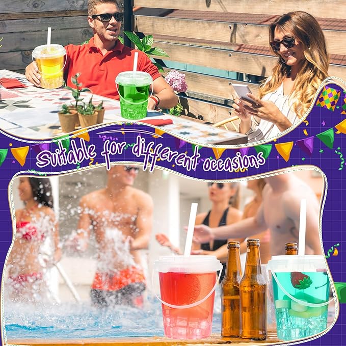 Funnymoom 30 Set Clear Plastic Drink Buckets with Lids and Straws 34oz Disposable Iced Coffee Cups Rum Cocktail Pails Large Smoothie Cup Bulk with Handles for Summer Beach Pool Party Supplies