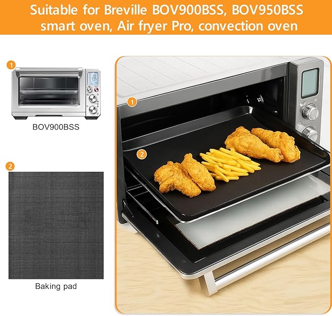 4 Packs Oven Liners for Bottom of Oven, 16"x12" Pre-Cut Rectangle Reusable Fiberglass Heat Resistant Non-Stick Mats for Breville BOV900BSS BOV950BSS Smart Oven Air Fryer Pro Convection Oven