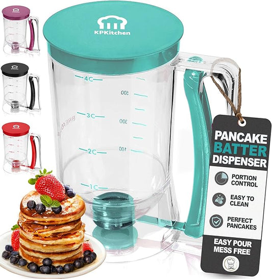 Pancake Batter Dispenser - Kitchen Must Have Tool for Perfect Pancakes, Cupcake, Waffle, Muffin Mix, Cake & Crepe - Easy Pour Baking Supply for Griddle - Pancake Maker with Measuring Label (Turquoise)