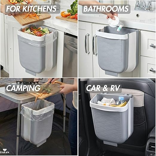 Hakan Hanging Foldable Trash Can for Kitchen Cabinet Door | Collapsible Narrow Waste Bin | Compact Travel Trash Can | Space Saving 6 L Plastic Garbage Bin Under Sink | 1.5 Gallon Waste Basket, Gray