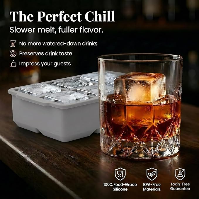 KitchFort Large Silicone Ice Cube Tray (2-Pack), Easy Release 2" Big Ice Cubes - Cocktail, Whiskey Ice Cubes Mold - Ice Trays for Freezer with Lid - Stackable Silicone Ice Tray - Gray