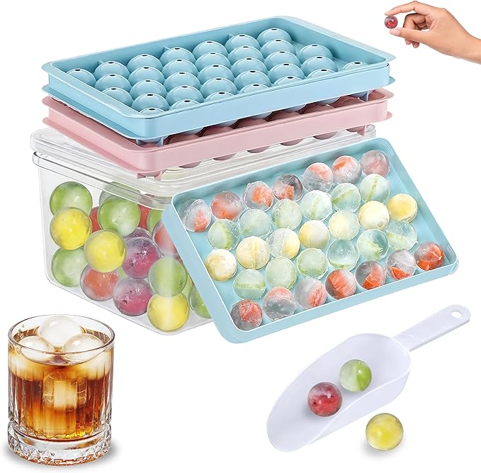 2 Pack Round Ice Cube Tray with Lid, Bin & Scoop - 0.8" 66PCS Tiny Sphere Ice Ball Maker Molds, Stackable Ice Trays for Freezer, BPA-Free Plastic Iced Bucket Kits for Cocktails/Whiskey/Coffee/Drinks