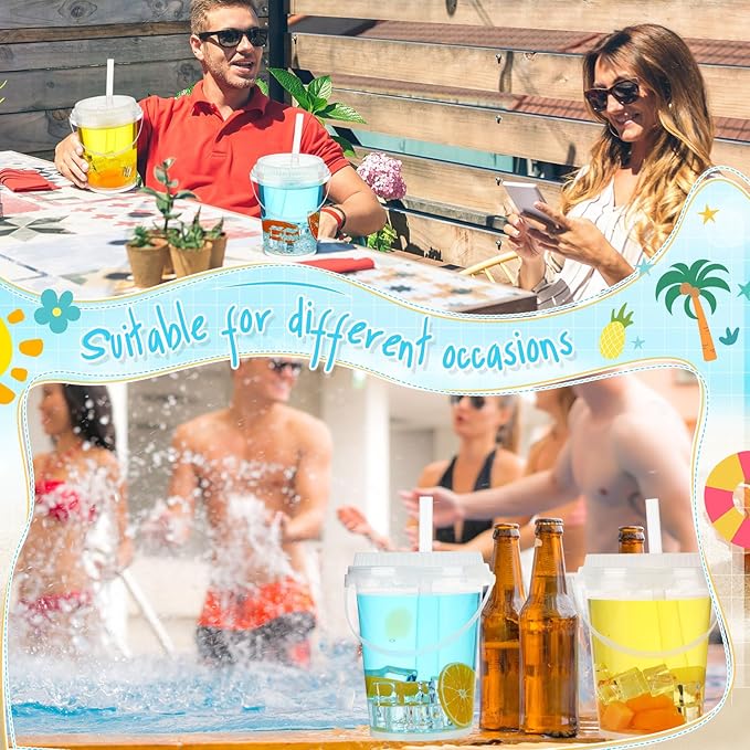 Funnymoom 15 Set 34 oz Clear Drink Buckets with Lids and Straws, Disposable Plastic Rum Cocktail Pails with Handles Large Smoothie Cups for Adult Bachelorette Party Supplies Beach & Catering Events