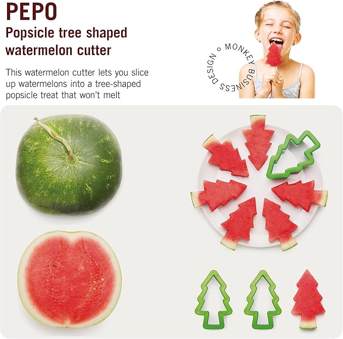 Monkey Business Pepo Watermelon Popsicle Cutter Mold, Stainless Steel Watermelon Slicer, Fun Forest Tree Shape Sandwich, and Cookie Cutter for Fruits