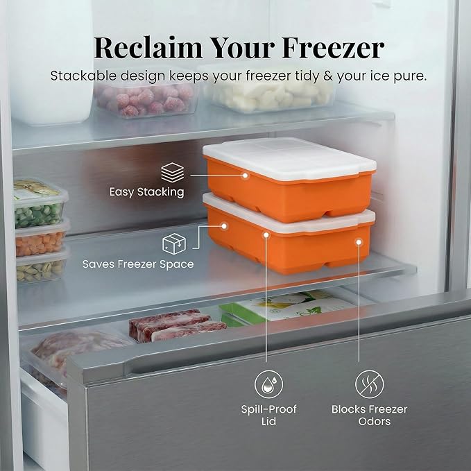 KitchFort Large Silicone Ice Cube Tray (2-Pack), Easy Release 2" Big Ice Cubes - Cocktail, Whiskey Ice Cubes Mold - Ice Trays for Freezer with Lid - Stackable Silicone Ice Tray - Orange