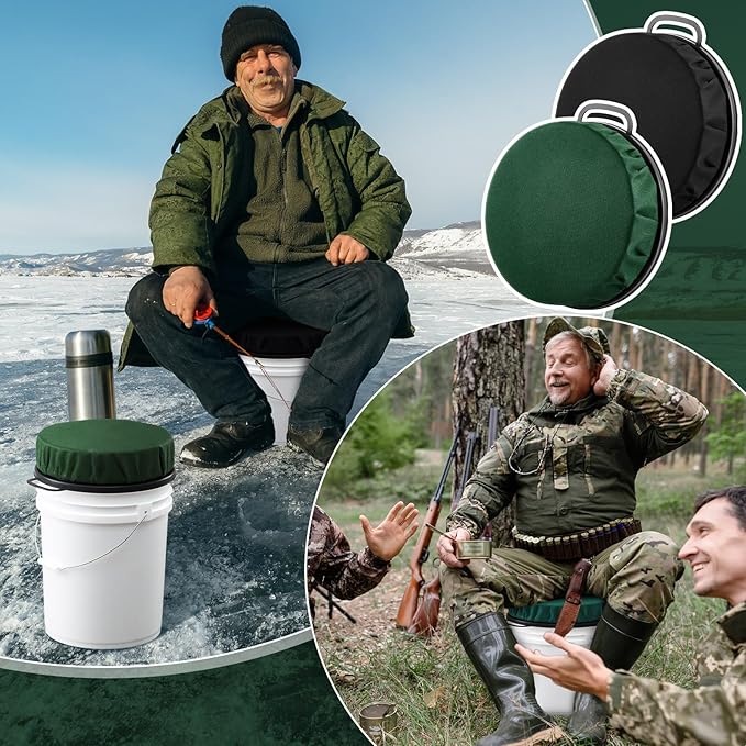 Reallnaive 2 Pcs 5 Gallon Bucket Seat Lid with 3.94" Thick Foam Cushion,360° Swivel Bucket Lid Seat for Hunting Ice Fishing Gardening Camping, Black & Green