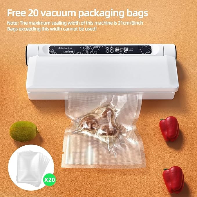 Compact Food Vacuum Sealer Machine - 75KPA Suction Power, LED Digital Timer Display, Dry and Moist Food Modes, Space-Saving Kitchen Gadget for Storage and Sous Vide Prep, Includes 20 Bags (White)
