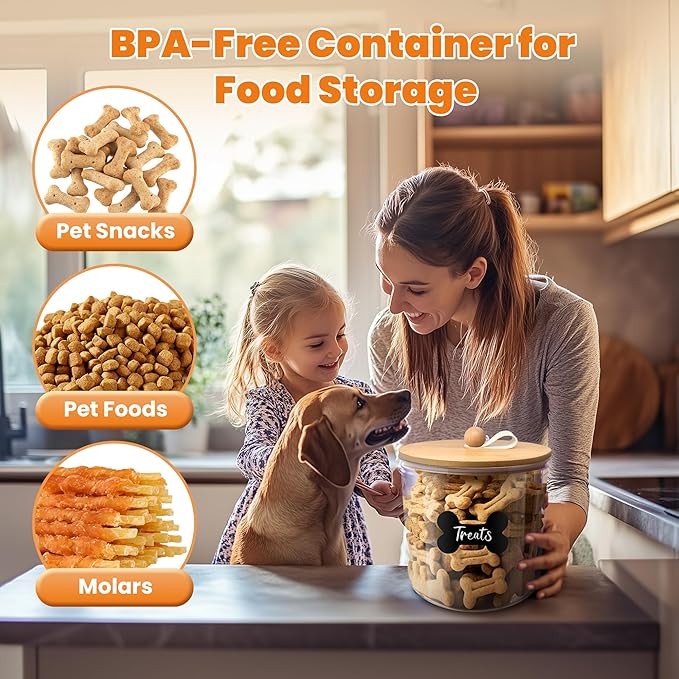 HOYTAMDAR 3 Pack Airtight Dog Food Storage Container, Dog Treat Container Dog Food Containers with Bamboo Lids 8x7''&6x5'',Pet Food Storage Container,Cat Food Container with Scoops,Clamp,Labels,Pen
