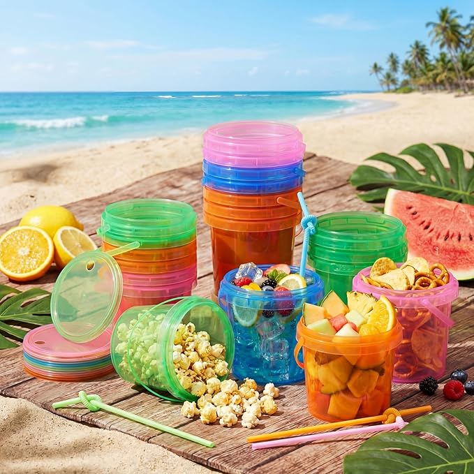 Funnymoom 24 Pack 34oz / 25oz Plastic Rum Buckets Bulks for Drinks with Straws Reusable Ice Cream Cocktail Cups Neon Party Bucket with Lids Handles Food Containers Cup for Summer Beach Bar Beer