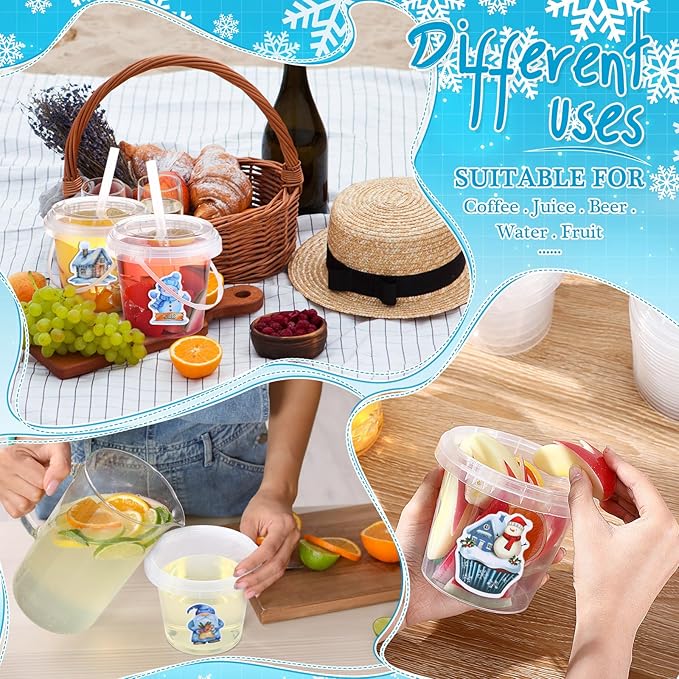 Funnymoom 30 Sets Clear Plastic Cups 24 oz Ice Cream Buckets with Lids & Straws Disposable Drink Cups Cocktail Pails Bulk with Handles and Stickers for Outdoor Beach Birthday Pool Party(Winter)