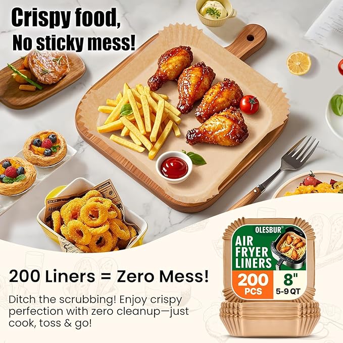 OLESBUR Air Fryer Liners Disposable, 200Pcs 8 Inch Airfryer Paper Liners, Unbleached Parchment Paper for Air Fryer Basket, Non-Stick Air Fryer Accessories, Liners for Baking, Parchment Paper Sheets