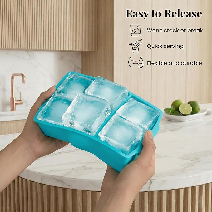 KitchFort Large Silicone Ice Cube Tray (2-Pack), Easy Release 2" Big Ice Cubes - Cocktail, Whiskey Ice Cubes Mold - Ice Trays for Freezer with Lid - Stackable Silicone Ice Tray - Turquoise