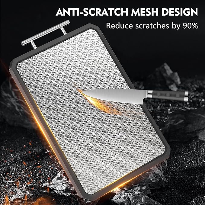 Stainless Steel Double-Sided Cutting Board – Large Non-Toxic Chopping Board with Mesh Design, Wheat Straw Side, Food-Grade 304, Non-Slip, Juice Groove, Onion Holder, Crinkle Cutter