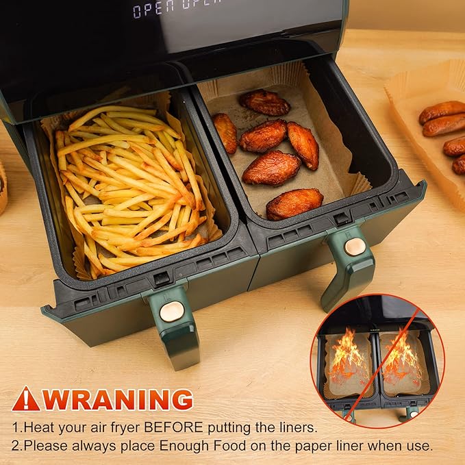 Air Fryer Disposable Paper Liners: 125Pcs Rectangle 8.6x5.5" Parchment Paper Non-stick Food Grade Liners for Dual Basket | Rectangular Air Fryer