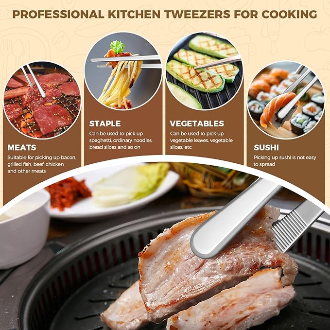 12-Inch Cooking Tweezers Tongs 2-Pack, Stainless Steel Kitchen Tweezers with Dual-Head Design and Non-Slip Grip, Chef Tweezer Tongs for Frying, Plating, Pasta, BBQ, Air Fryer, Food Prep Tools