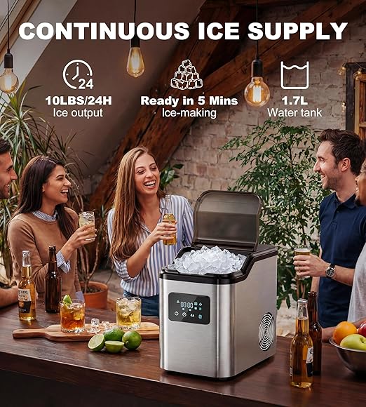 Landeagle Nugget Ice Makers Countertop,Portable Pebble Ice Machine with Crushed Ice,10lbs/Day Soft Pellet Ice Maker Stainless with 24H Timer, Self-Cleaning Chewable Sonic Ice for Home,Kitchen,Office