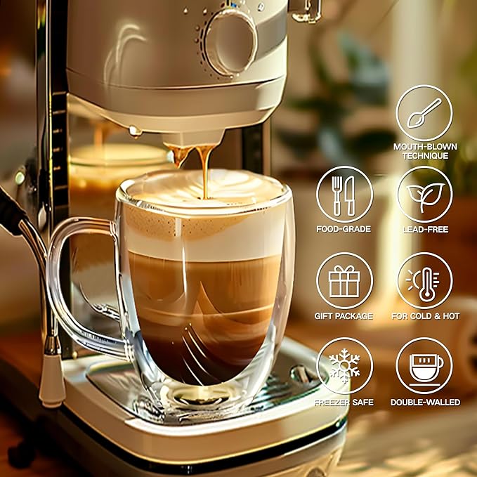 YMMIND Set of 2 Double Walled Glass Coffee Mugs 16 Ounces Insulated Layer Coffee Cups with Handle Borosilicate Glass Espresso Cup for Hot Beverage,Cappuccino,Tea,Latte,Wine,Microwave Safe