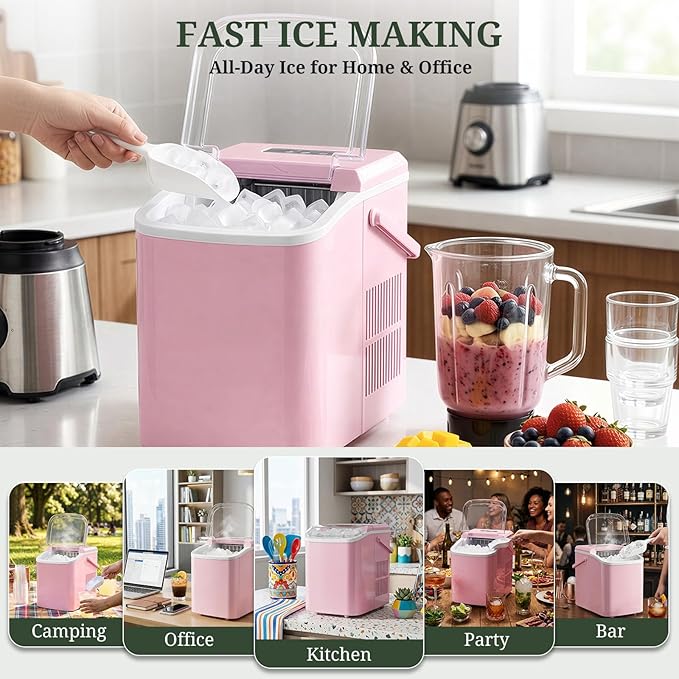 Ice Maker, Portable Ice Makers Countertop with Handle, Basket & Scoop, 26Lbs/24Hrs, 9 Bullet Ice Cubes in 6 Mins, 2 Ice Sizes, Self-Cleaning, Quiet Compact Ice Machine for Home Kitchen Party, Pink