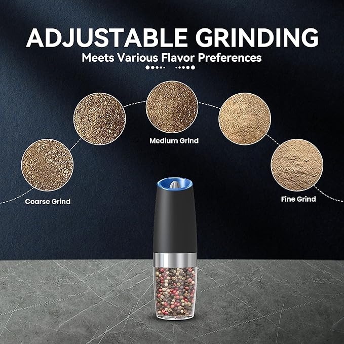 UNNEES Gravity Electric Salt and Pepper Grinder, Automatic Salt And Pepper Grinder, Adjustable Roughness, Battery Powered, LED Light, 1 Pack, (Black)
