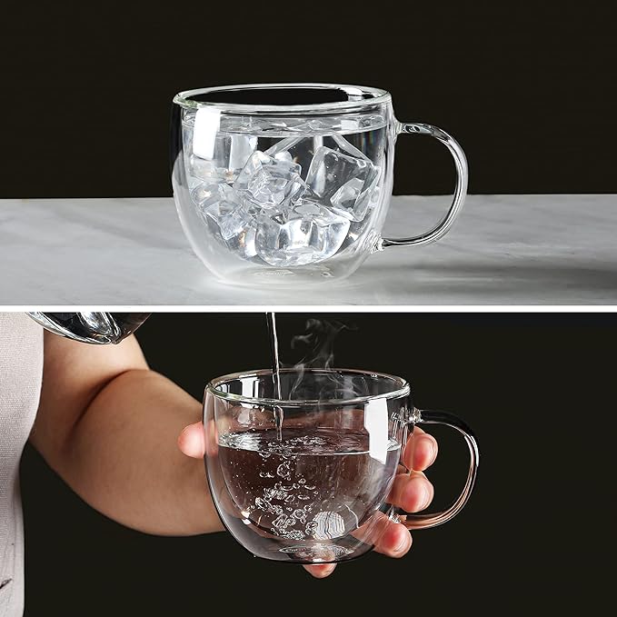 CNGLASS Double Wall Glass Cappuccino Mugs 8.1oz,Clear Insulated Glass Coffee Mug with Handle for Espresso,Latte,Tea,Set of 2