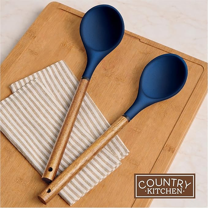 Country Kitchen Non Stick Silicone Utensil Set with Rounded Wood Handles for Cooking and Baking, 8 Piece Set, Navy
