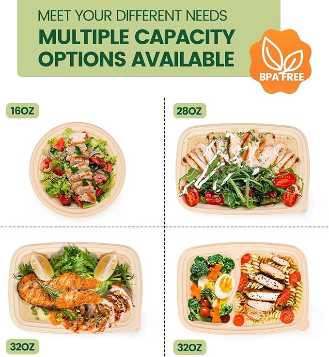100 Piece (50 Pack) Meal Prep Containers with Lids, 16 oz Cornstarch Small Food Storage Containers Plant-based Lunch Box for Salad, BPA Free Plastic Disposable Take Out Boxes Microwave & Freezer Safe