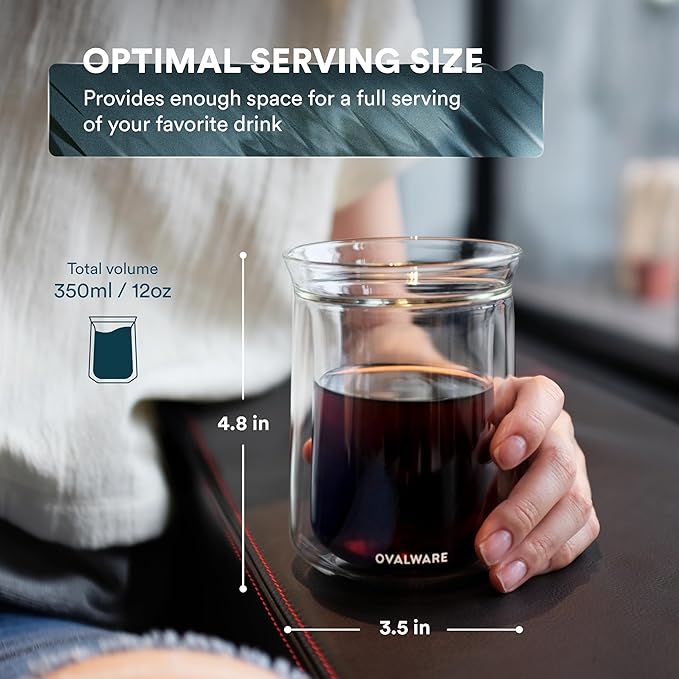 ovalware Double Wall Single Lip Insulated Glass Cup, Set of 2 (12oz / 350ml) - Borosilicate Glass For Coffee, Tea, Whiskey, Cocktails & All Beverages - Minimalistic & Durable Double-Wall Drinking Mug