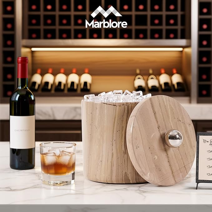 Ice Bucket Marble with Lid 6 Inch Natural Brown Stone Wine & Champagne Chiller Small Ice Container for Parties Drink Cooler for Home Bar And Earth Day Decoration