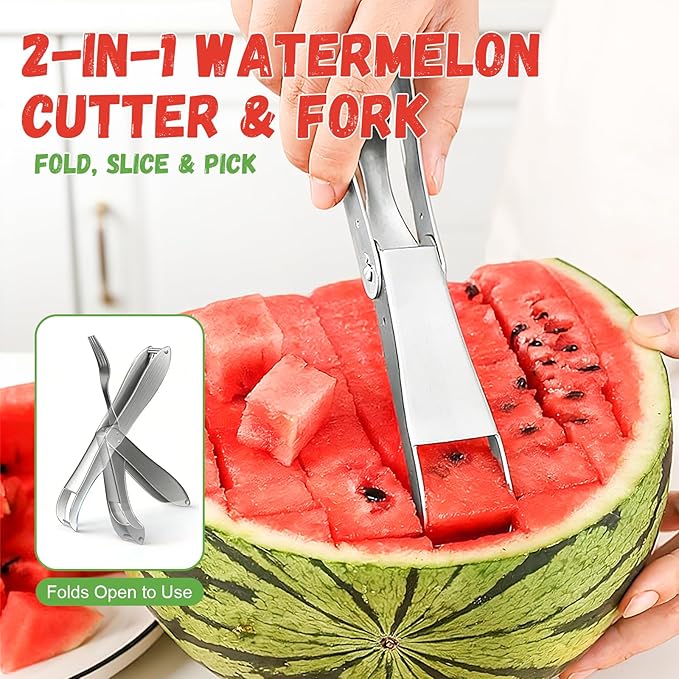 2026 Upgrade Watermelon Cutter Slicer Tool, 2-in-1 Fruit Slicer Fork With Foldable Stainless Steel Fork Tip, Press-to-Cut Watermelon Cubes for Kitchen, Picnic and Camping (2PCS)