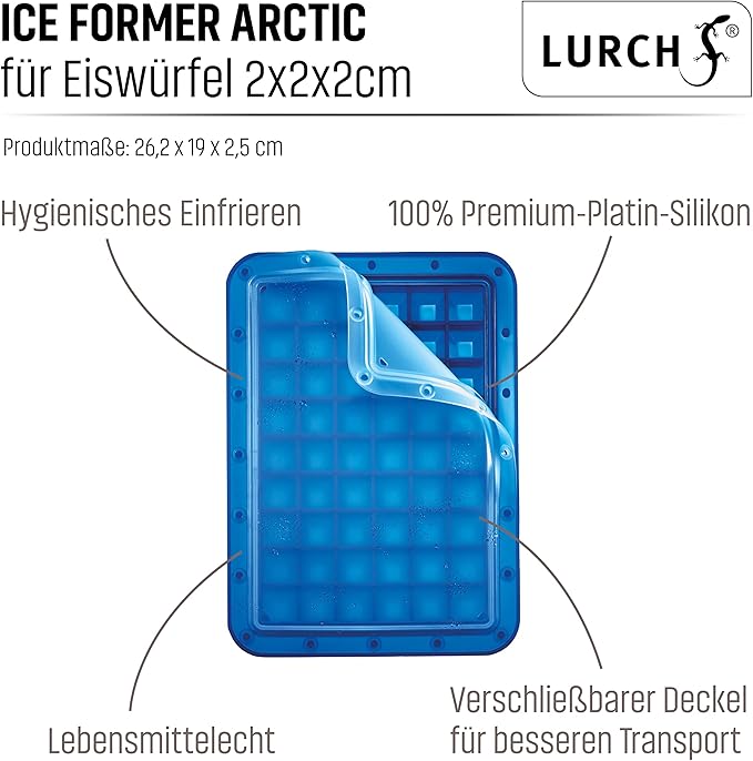 Lurch 240750 Ice Former Arctic Cube 2 cm Ice Cube Tray for 54 Ice Cubes with Transparent Lid Blue