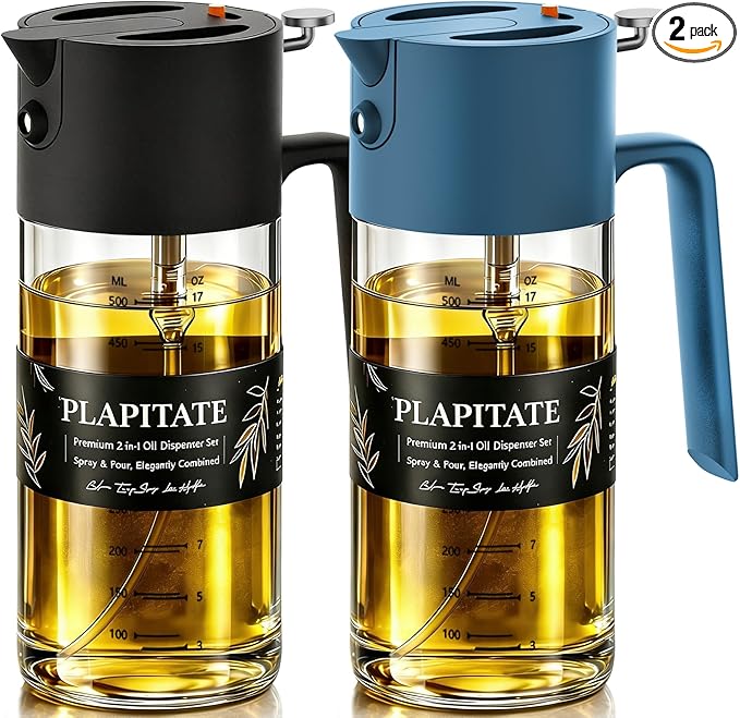 PLAPITATE 2Pcs 17oz Premium Olive Oil Sprayer for Cooking, 2 in 1 Glass Olive Oil Dispenser Bottle for Kitchen Gadgets, Spray Bottle with Portion Control for Salad, Frying, BBQ (Black & Blue)