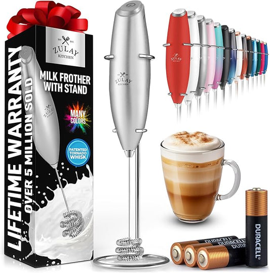 Zulay Kitchen Patented Tornado Triple Whisk Milk Frother with 4 Duracell Batteries – Handheld Foam Maker for Coffee, Lattes, Matcha & Hot Chocolate – Rich, Creamy Froth in Seconds - Bright Silver